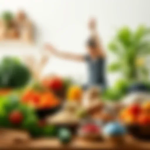 A variety of healthy foods like vegetables and grains with a person doing gentle exercises in a calm setting