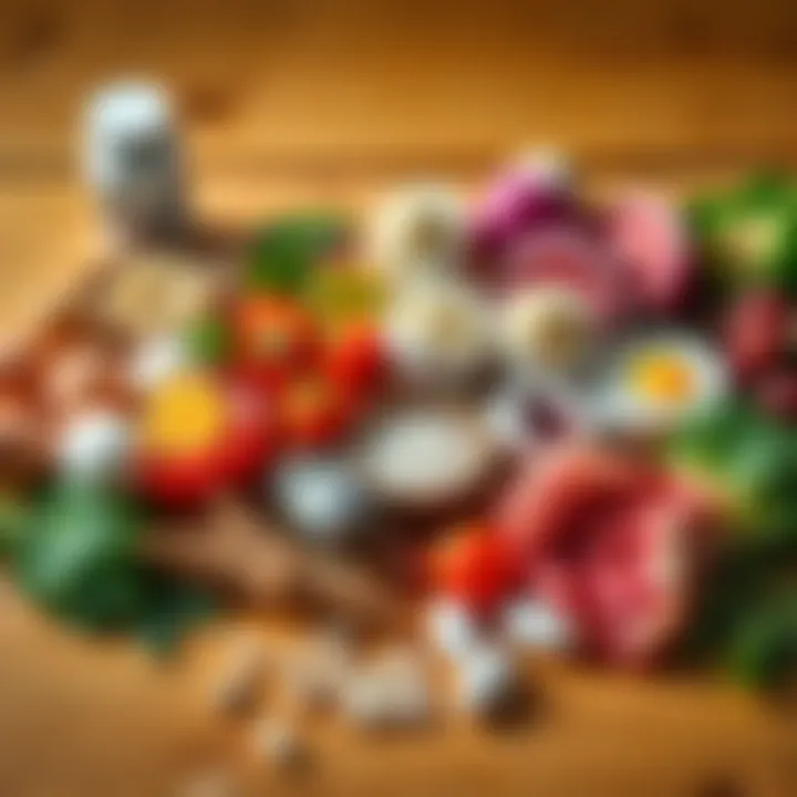 A colorful assortment of nutrient-dense foods including eggs, organ meats, ginseng, and magnesium supplements on a wooden table, symbolizing a targeted diet to restore jing.