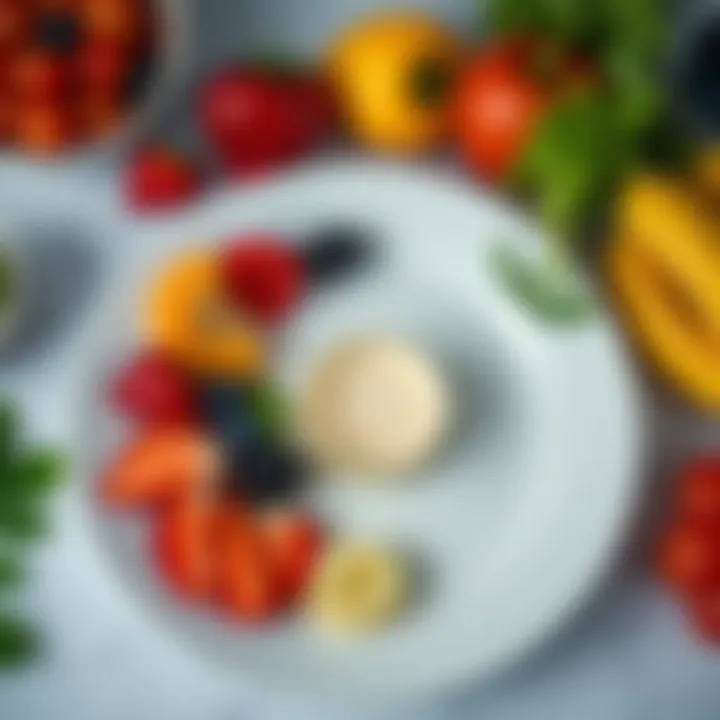 A simple plate of fresh fruits and vegetables arranged neatly, symbolizing mindful eating and clarity.