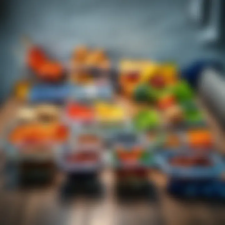 A well-organized table with healthy foods and meal prep containers for intermittent fasting