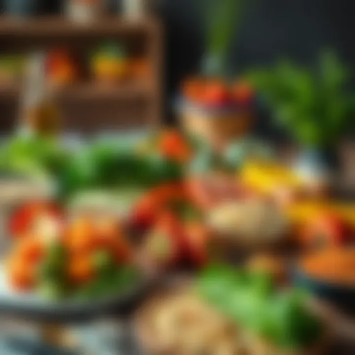 A colorful spread of healthy food options including fruits, vegetables, and grains arranged on a table, questioning the three meals a day standard.