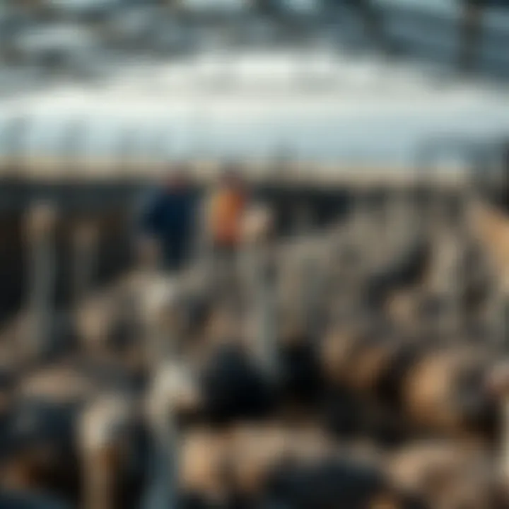 Canadian officials culling healthy ostriches due to avian flu claims, with birds in a pen being gathered by workers.