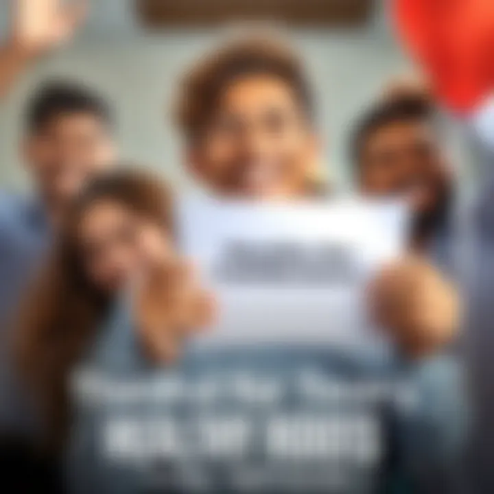 A smiling person holding a dental checkup report with friends celebrating around them