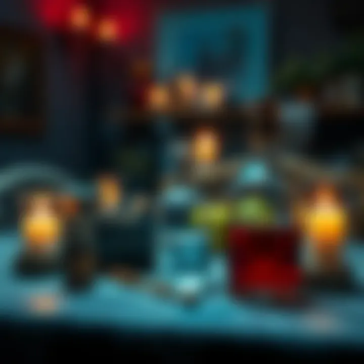 A table with magical ingredients for weight gain spells, surrounded by candles and a potion bottle