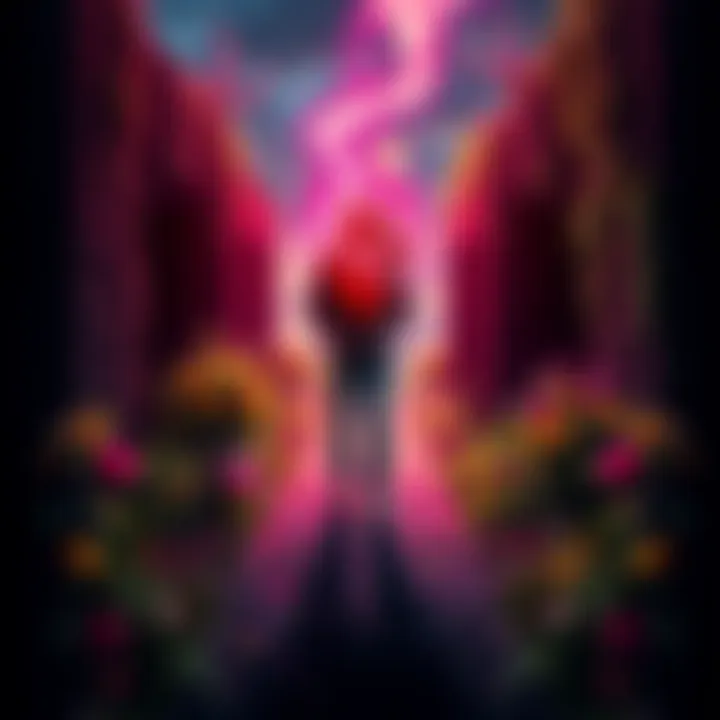 A person stands between two paths, one with bright flowers and the other shrouded in shadow, symbolizing love and obsession.