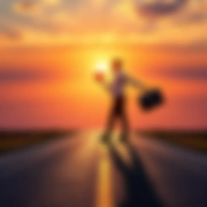 A person standing at a crossroads, holding a heart in one hand and a briefcase in the other, symbolizing the choice between love and career, with a sunset background.