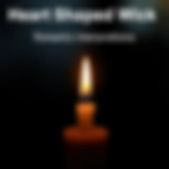 A candle with a wick shaped like a heart, glowing warmly in a dim light