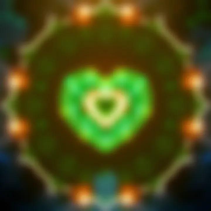 A glowing green heart symbol representing the Heart Chakra, surrounded by light and energy, symbolizing transformation and spiritual connection.