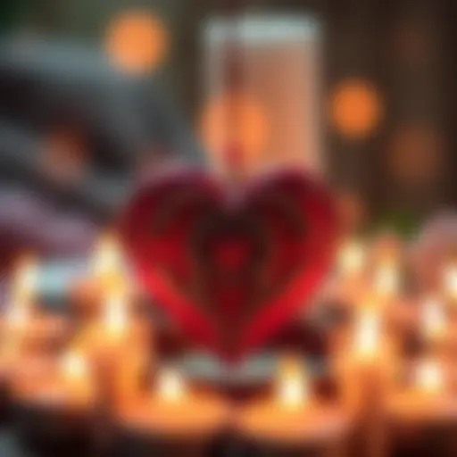 A heart-shaped charm surrounded by lit candles, symbolizing love and warmth.