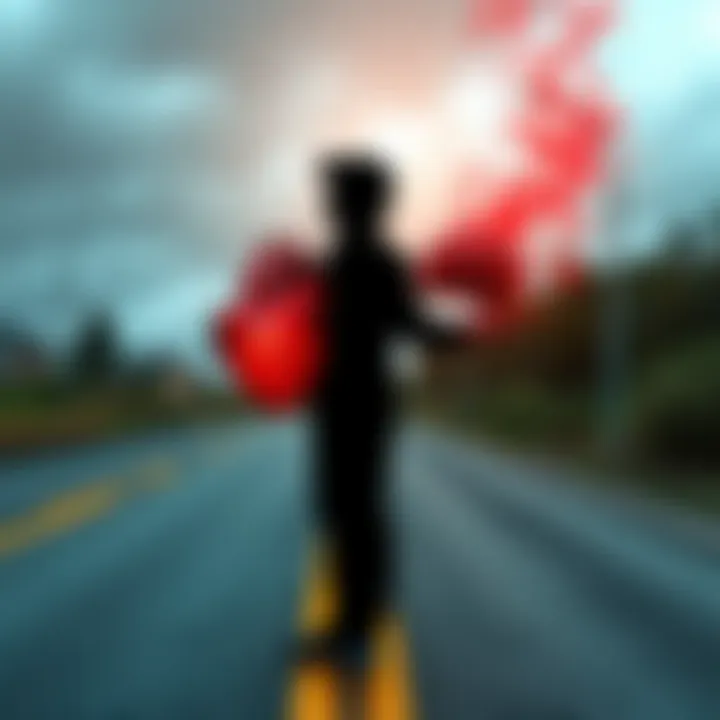 A person stands at a crossroad, holding a heart in one hand and a brain in the other, symbolizing the struggle between emotions and logic in a difficult relationship.