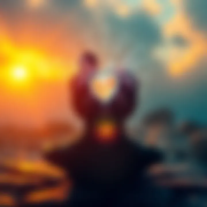 A person meditating with a glowing heart symbol, representing the shift from ego to heart awareness, surrounded by calming nature elements.