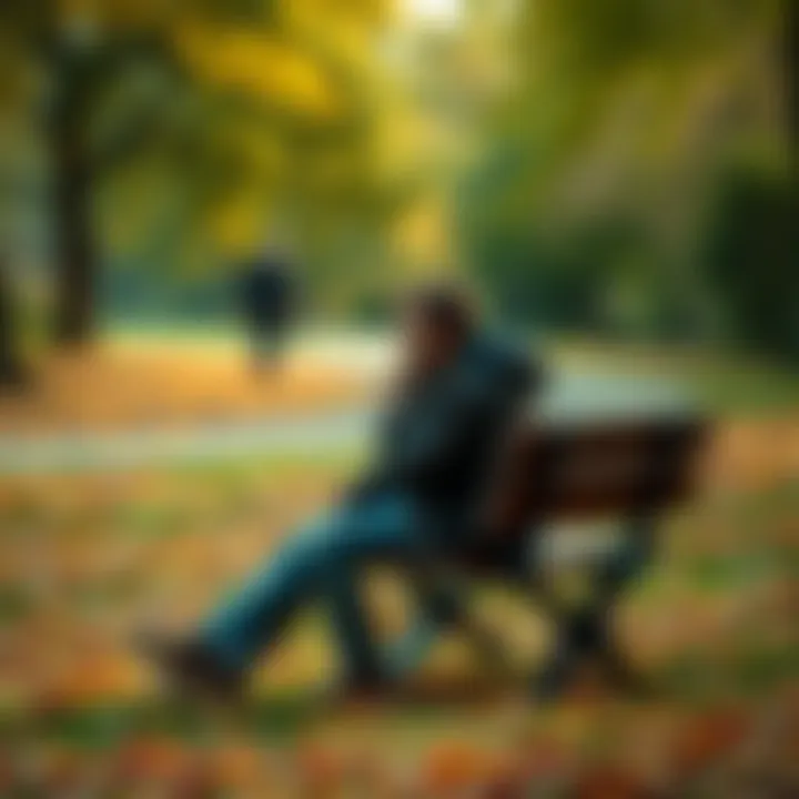 Heartbreak and Healing A person sitting alone on a park bench, looking thoughtful and sad, with fallen leaves around them, symbolizing heartbreak and the journey of moving on.