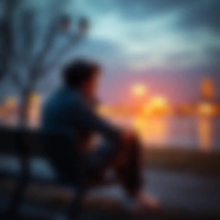 A sad person sitting alone on a bench, looking thoughtful after a romantic rejection.