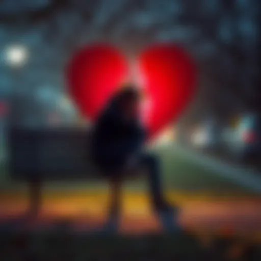 A person sitting alone on a park bench looking sad, with a broken heart symbol in the background.