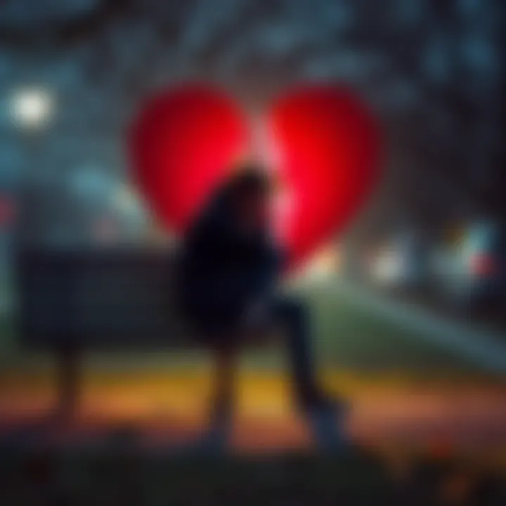 Heartbreak and Frustration A person sitting alone on a park bench looking sad, with a broken heart symbol in the background.