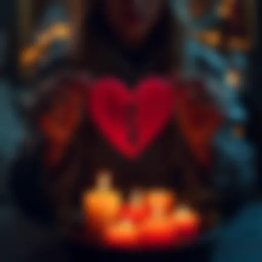 A person holding a broken heart symbol while surrounded by glowing candles and herbs, representing the use of ethical spells for healing after a breakup.