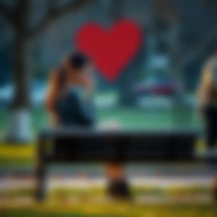 A woman sits on a park bench, looking contemplative and sad after a breakup, with a heart symbol fading in the background.