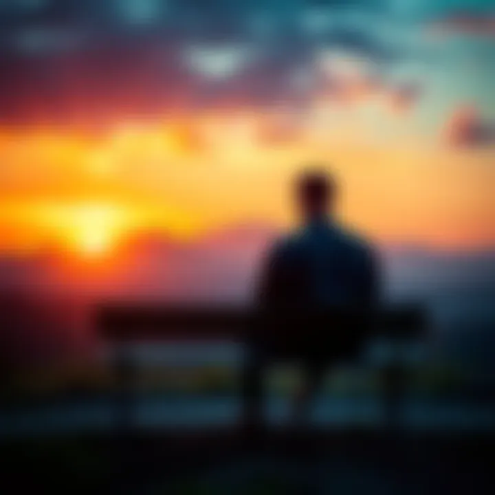 A person sitting alone on a bench, looking contemplative with a sunset in the background, symbolizing self-reflection after a breakup.