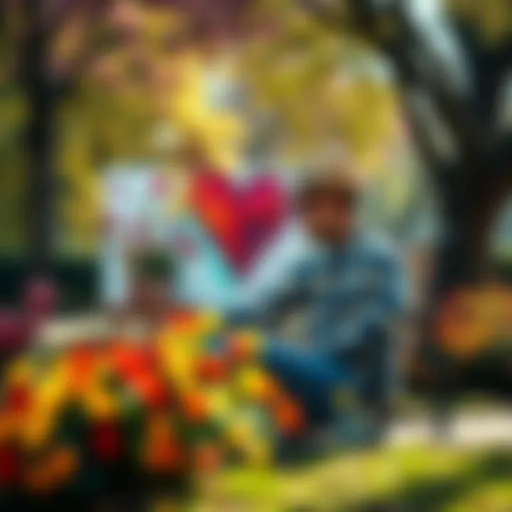 An artist painting a colorful canvas while sitting on a park bench, surrounded by flowers and trees, symbolizing healing through creativity.