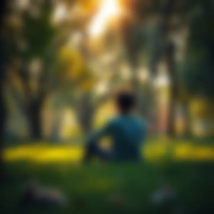 Heartbreak Recovery A person sitting in a park, reflecting on their emotions after a breakup, surrounded by trees and soft sunlight.