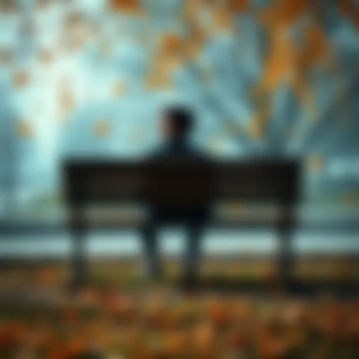 A person sitting alone on a park bench, looking thoughtful with a distant gaze, surrounded by falling leaves symbolizing change.