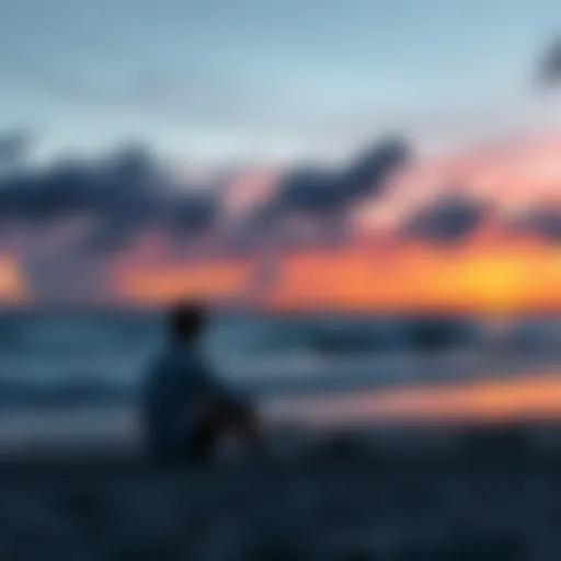 A person sitting alone on a beach, looking out at the waves with a sad expression, reflecting on a lost connection.
