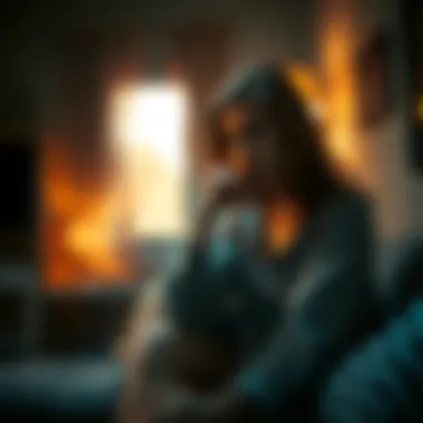 A thoughtful Libra woman sitting alone, reflecting on her past relationship with an Aries, surrounded by soft lighting and a cozy atmosphere.