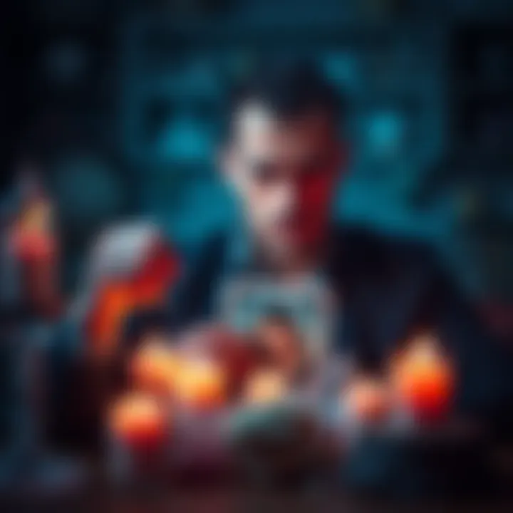 A man looks distressed while holding a photo of his ex-girlfriend, surrounded by candles and crystals, symbolizing his desire for an obsession spell.
