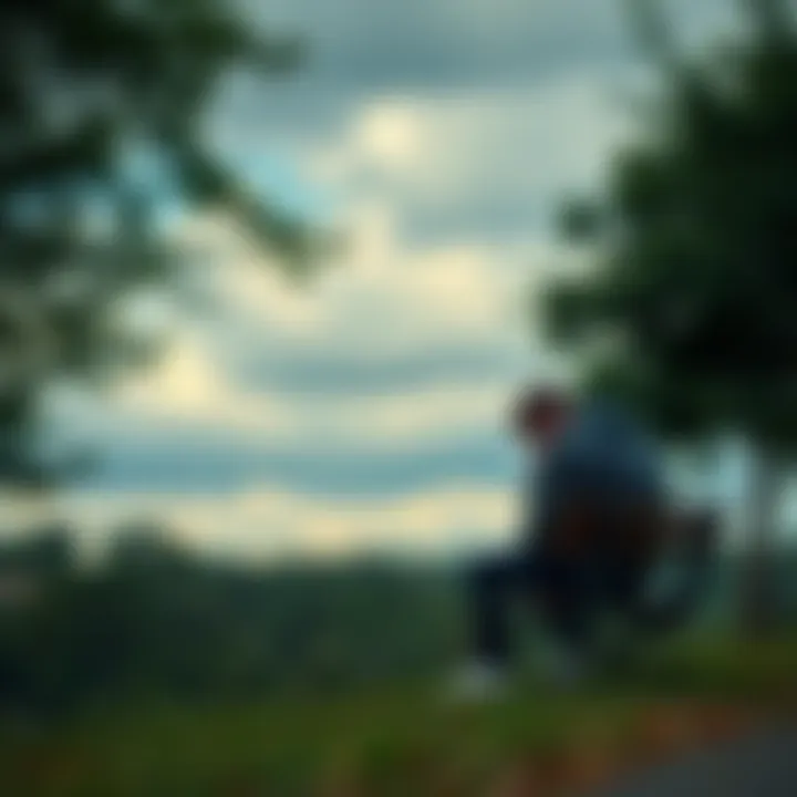 Heartbroken person sitting alone A person sitting on a park bench with their head down, looking somber as they grieve the loss of loved ones. Trees and a cloudy sky in the background suggest a feeling of sadness.