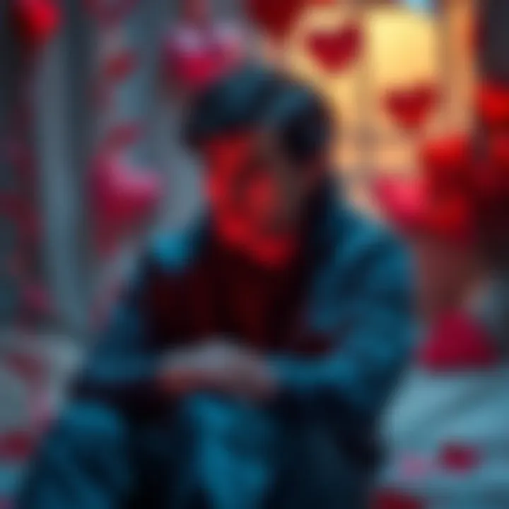 A person sitting alone, looking contemplative with a sad expression, surrounded by Valentine's Day decorations