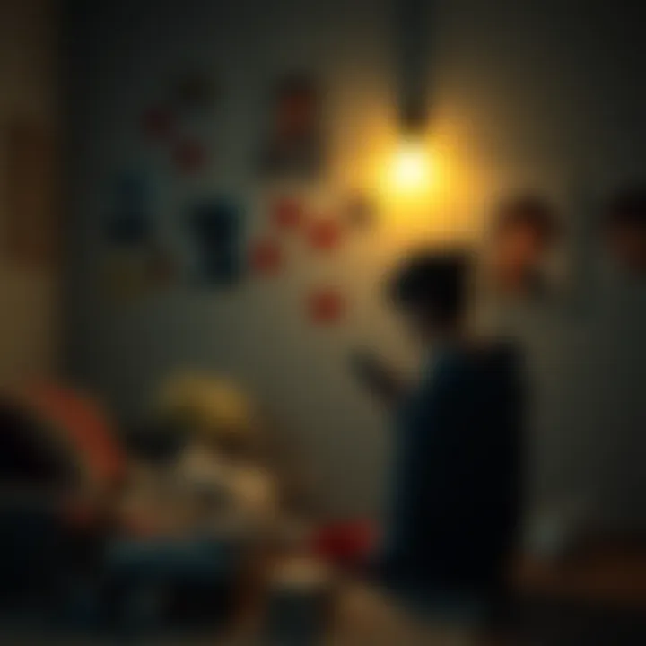 A person sitting alone, looking sad with a phone in hand, surrounded by reminders of lost love.