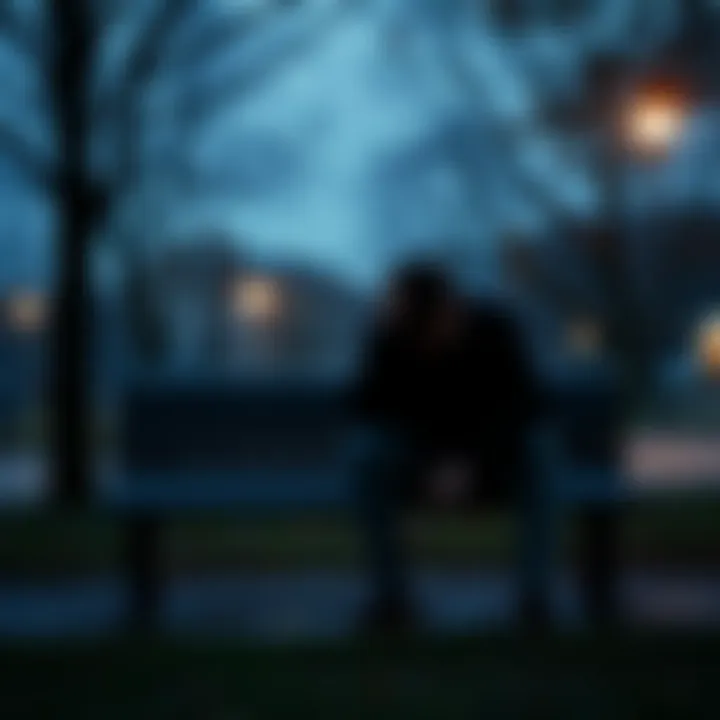 Heartbroken person sitting alone A person sitting on a park bench with their head down, looking sad and lost in thought, symbolizing heartbreak and emotional struggles.