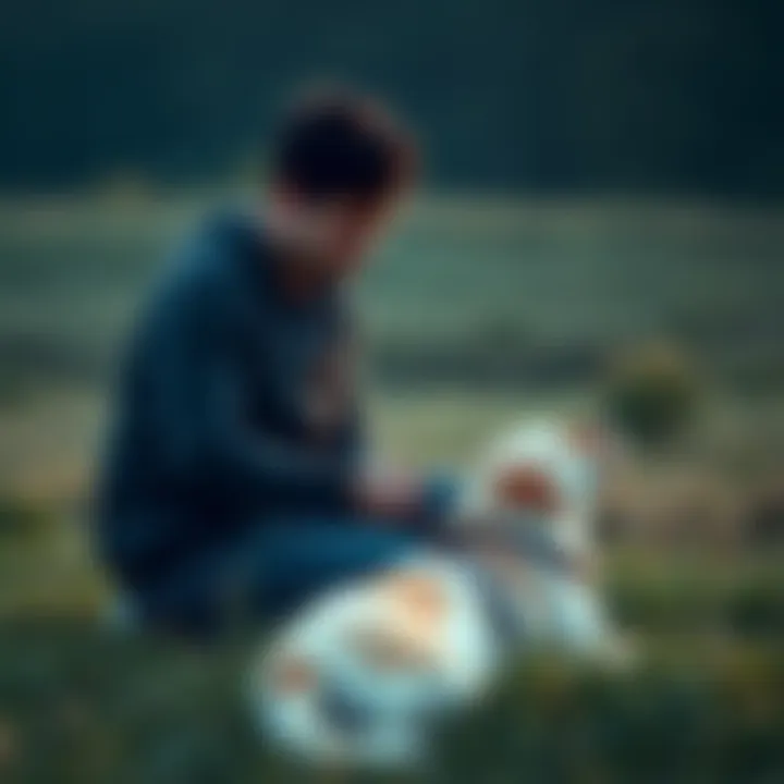 A person sitting on a grassy field, looking down with a sad expression, holding a dog collar in their hands, symbolizing the loss of a beloved dog.