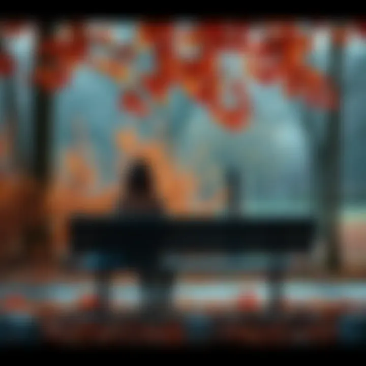 A person sitting alone on a park bench, looking contemplative and sad, surrounded by autumn leaves