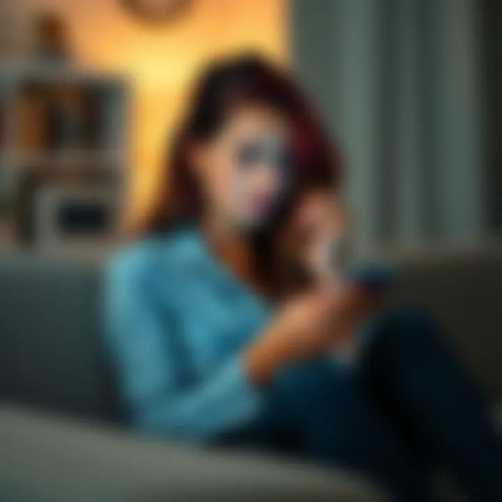 A young woman with a sad expression sits on a couch, looking at her phone, contemplating her relationship troubles with an Aquarius.