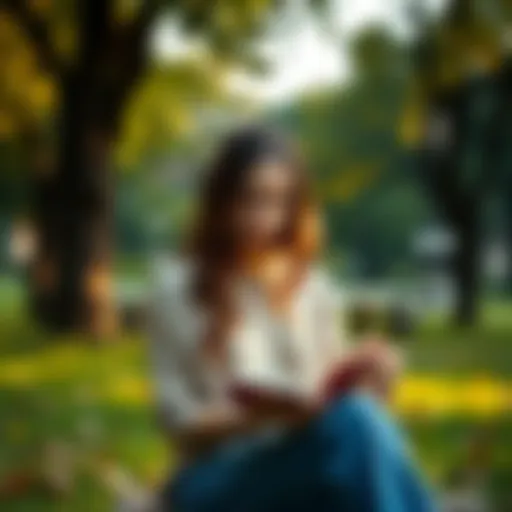 A 24-year-old woman with a sad expression reflects on love and loneliness while sitting in a park, surrounded by nature, holding a book in her lap.