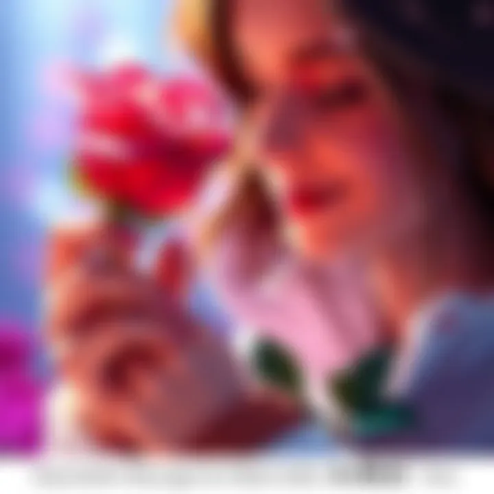 A person holding a rose with a soft smile, reflecting love and longing for Belle-Belle.