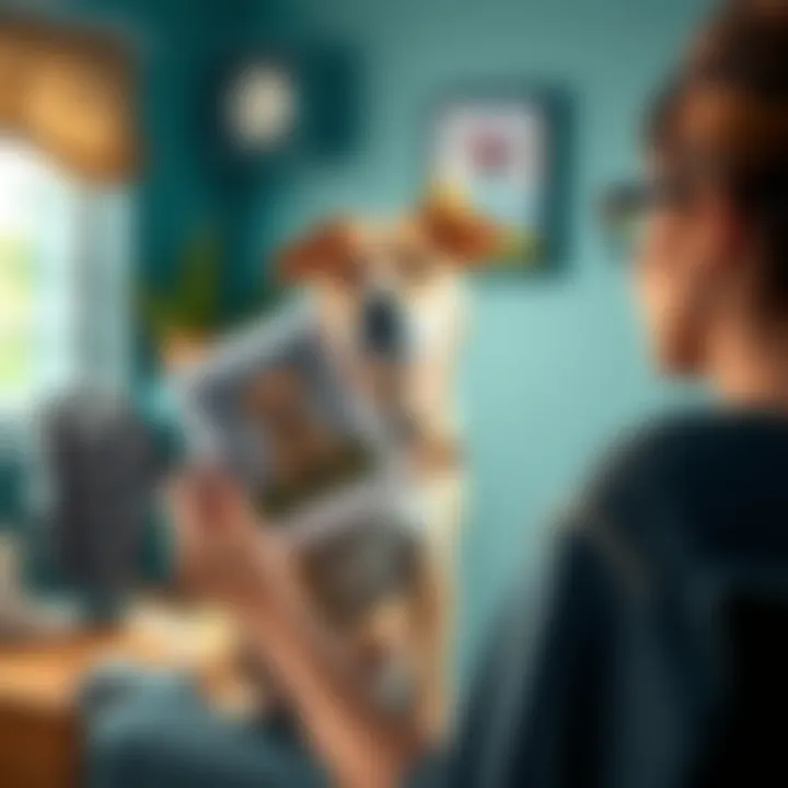 A woman holding a picture of her late dog Bella, surrounded by meaningful objects like a shirt and a dog harness, reflecting on their bond