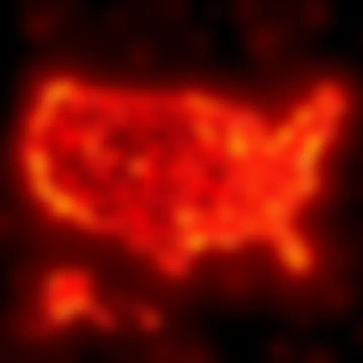 A colorful heat map showing locations of reported alien abductions across the USA, highlighting popular areas with intense activity.