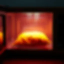 A microwave door is open, showing a pillow that is warm, with steam rising from it.