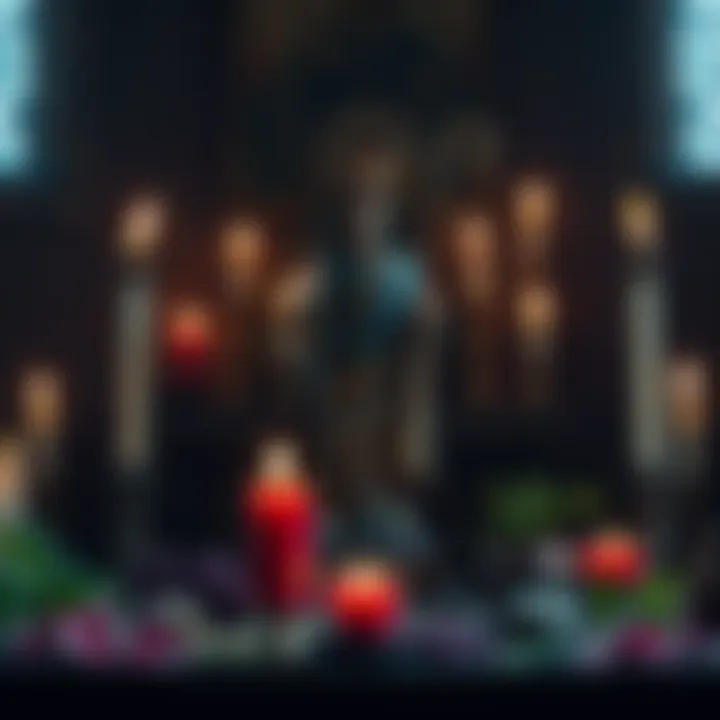 A Continental Heathen places a statue of a Catholic saint next to symbols of heathen gods on an altar, surrounded by candles and herbs.