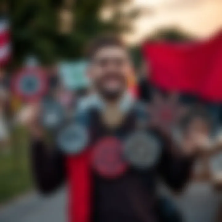 Heathen symbols displayed with pride A person holding various heathen symbols, showcasing their beliefs and identity with a confident smile in an outdoor setting