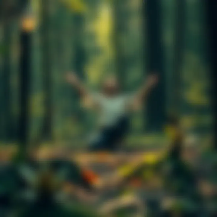 A person in a forest setting performing a ritual, surrounded by natural elements like trees and plants, symbolizing connection to spiritual roots and devotion.