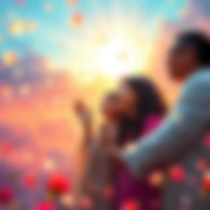 A serene view of heaven showing families gathered together, surrounded by bright colors and peaceful scenery, showcasing love and happiness