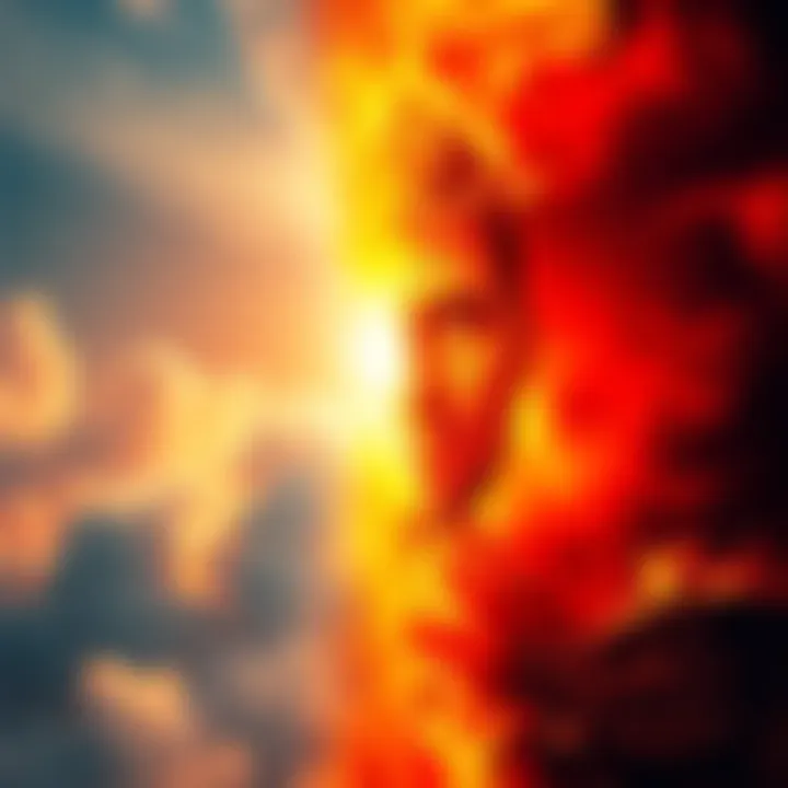 A split image showing a bright, serene heaven on one side and a dark, fiery hell on the other, representing the duality of good and evil in modern beliefs.