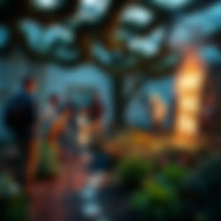 A diverse group of people working together to create a beautiful garden, symbolizing heaven on Earth