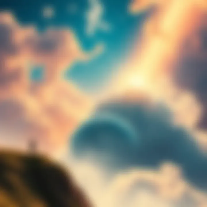 Heaven's Contrast A surreal landscape depicting a vibrant earthly scene juxtaposed with a serene yet monotonous heavenly realm.