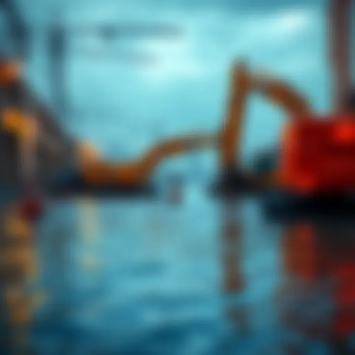 A construction site with heavy machinery surrounded by floodwater, showing signs of abandonment from the Garden Shaft project
