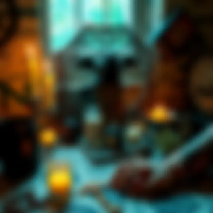 A personal altar dedicated to Hecate with candles, symbols, and visible tattoos on skin, featuring a special key.