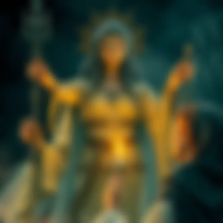 A figure representing Hecate, with three faces, standing in a mystical setting, guiding a person holding a candle, symbolizing guidance and clarity in decision-making.